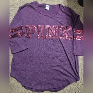 PINK Victoria's Secret Bling Sequin Spellout Oversized Quarter Sleeve Tee